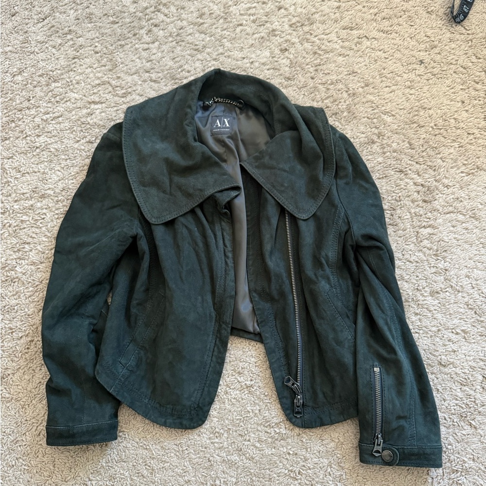 Armani Exchange 100% GOAT Leather Dark Green Moto Jacket